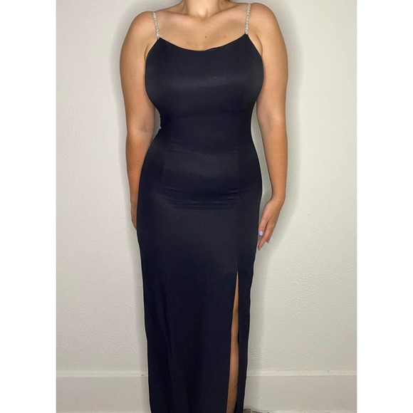 Gunnie Sax Black Tight Midi Dress with Front Leg Slit & Rhinestone Straps 9/10 - Picture 14 of 16